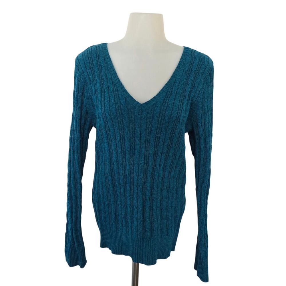 St John's Bay Blue V-Neck Cable Knit Pullover Sweater Large Basic Minimalist